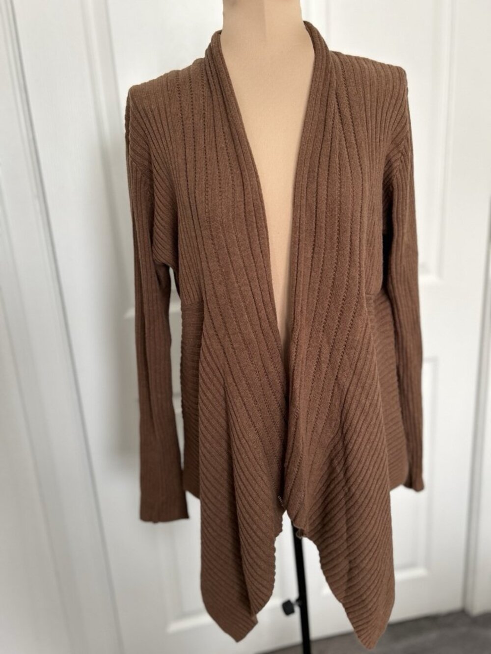 Dressbarn Waterfall Open Front Rib Knit Cardigan Brown Size M